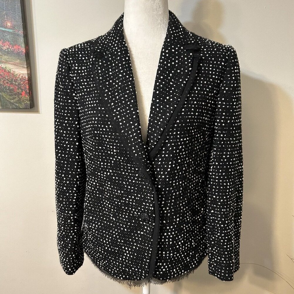 Sag Harbor Black White Polka Dot  Raw Fringe lace Edge Blazer Jacket Size 8P EUC